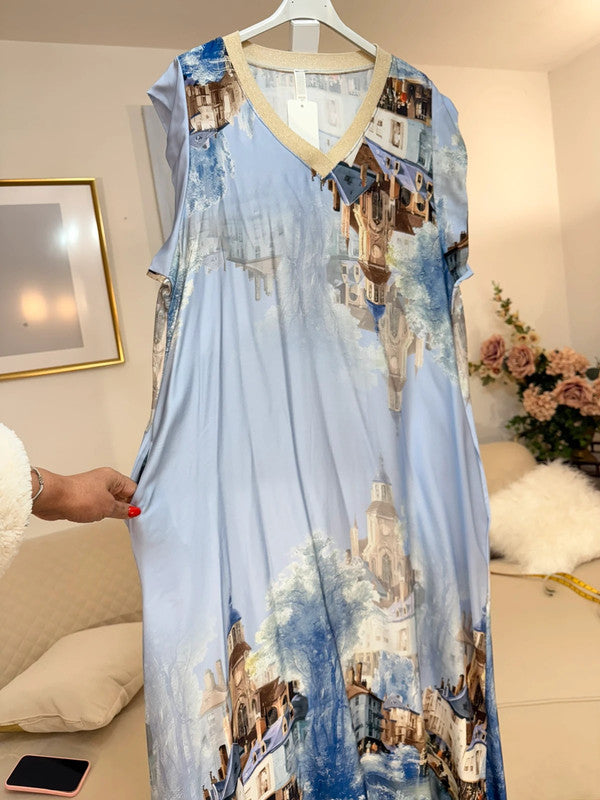 Vestito lungo fantasia città azzurra Made in Italy