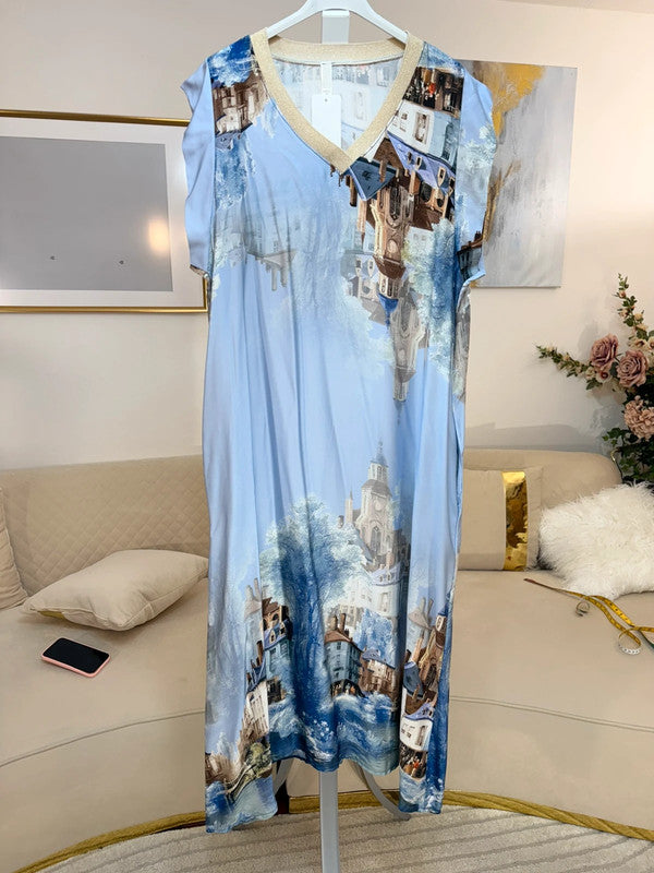 Vestito lungo fantasia città azzurra Made in Italy