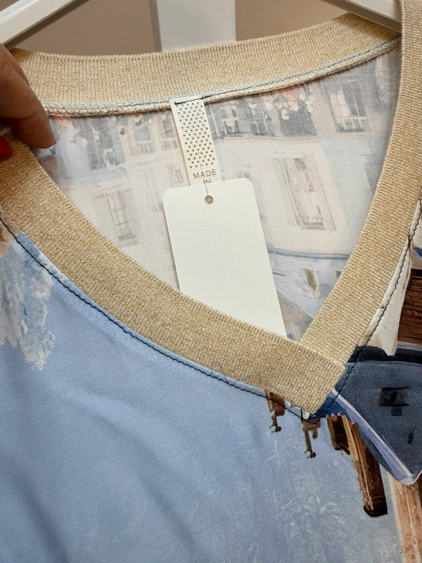 Vestito lungo fantasia città azzurra Made in Italy