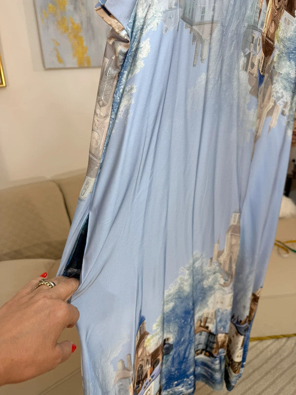 Vestito lungo fantasia città azzurra Made in Italy