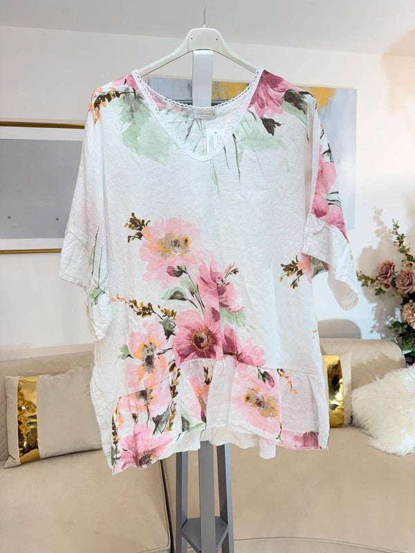 Blusa in lino floreale oversize Made in Italy