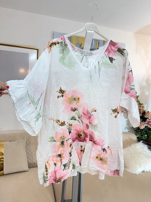 Blusa in lino floreale oversize Made in Italy
