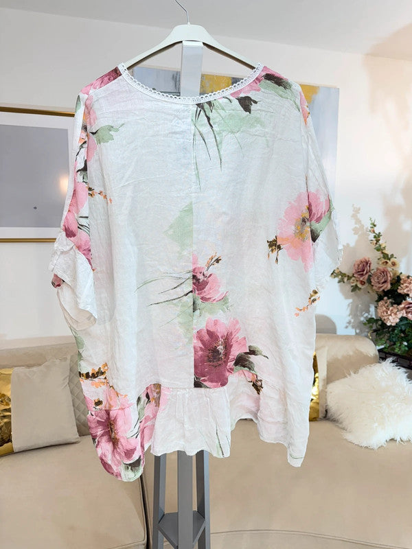 Blusa in lino floreale oversize Made in Italy