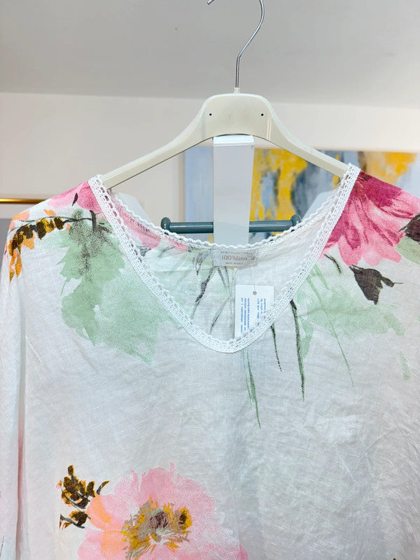 Blusa in lino floreale oversize Made in Italy