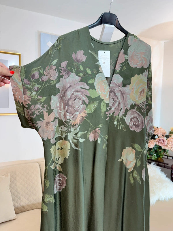 Vestito lungo oversize floreale verde viscosa Made in Italy
