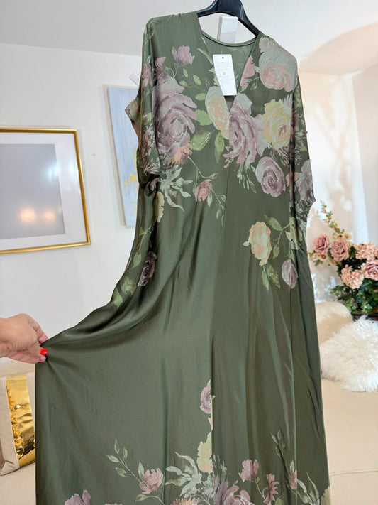 Vestito lungo oversize floreale verde viscosa Made in Italy