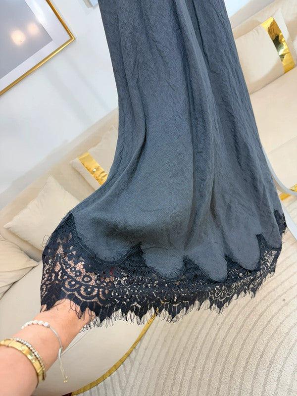 Vestito lungo in lino con pizzo – taglio in sbieco Made in Italy