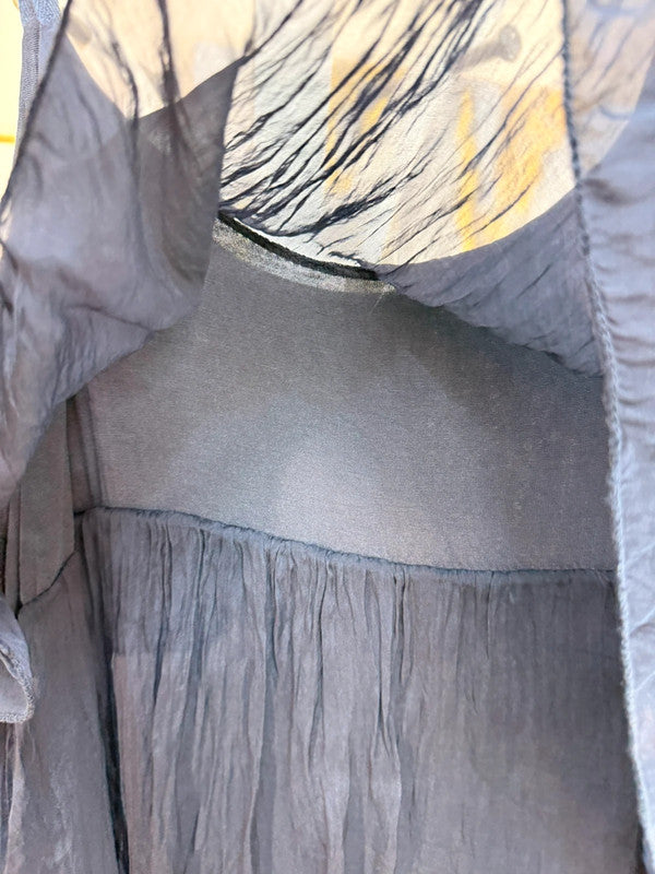Vestito lungo blu scuro in seta e viscosa a balze