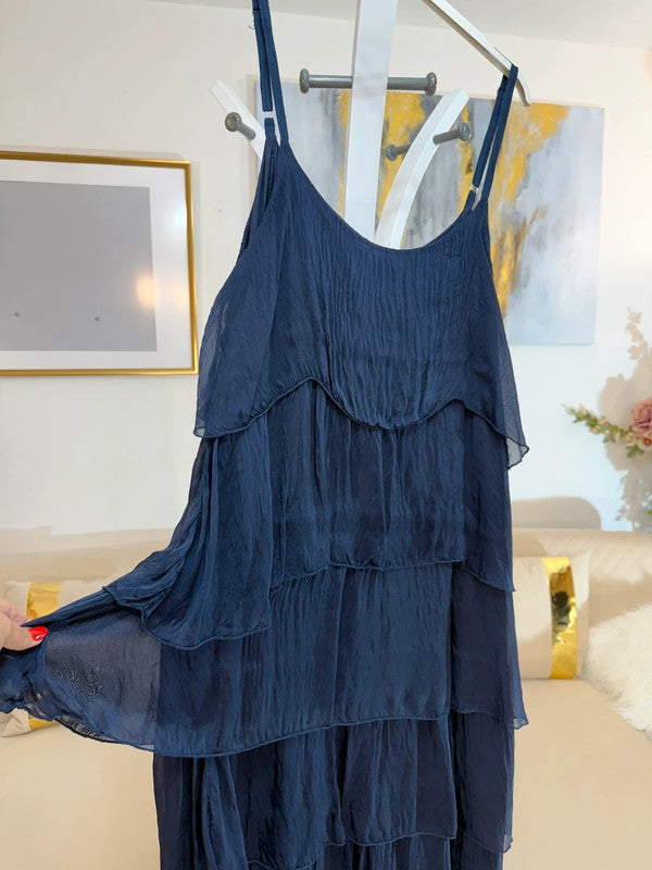 Vestito lungo blu scuro in seta e viscosa a balze