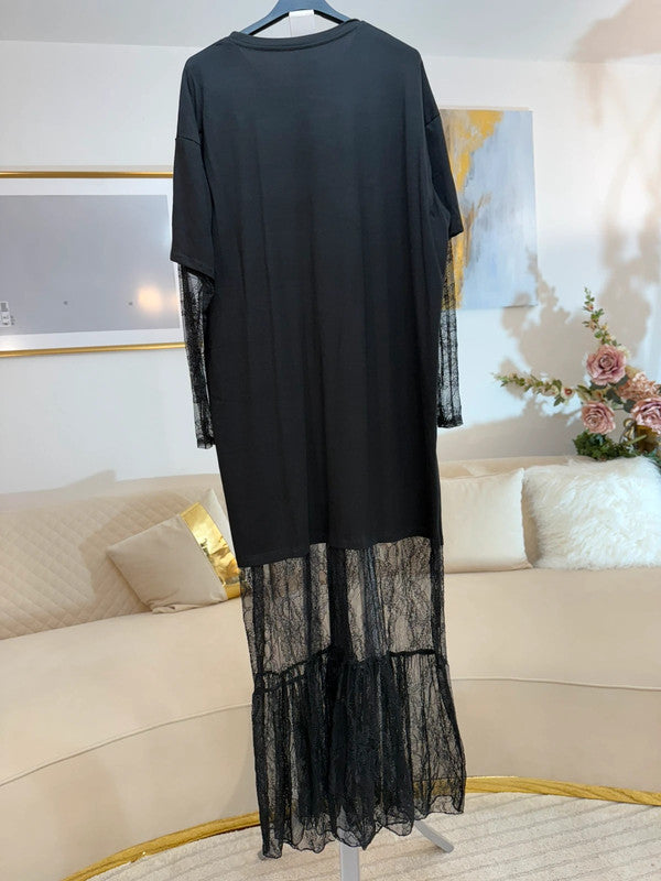 Vestito lungo in cotone con pizzo