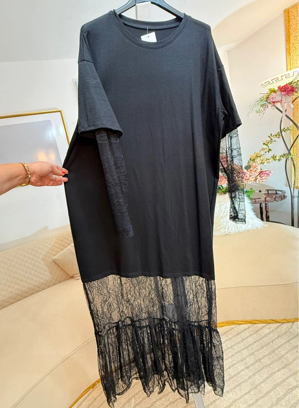 Vestito lungo in cotone con pizzo