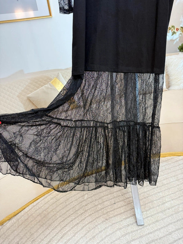 Vestito lungo in cotone con pizzo