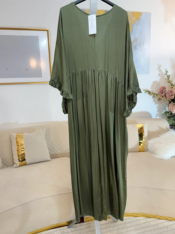 Vestito lungo oversize fluido verde oliva in viscosa Made in Italy