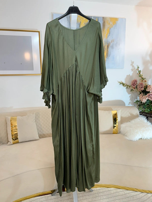 Vestito lungo oversize fluido verde oliva in viscosa Made in Italy