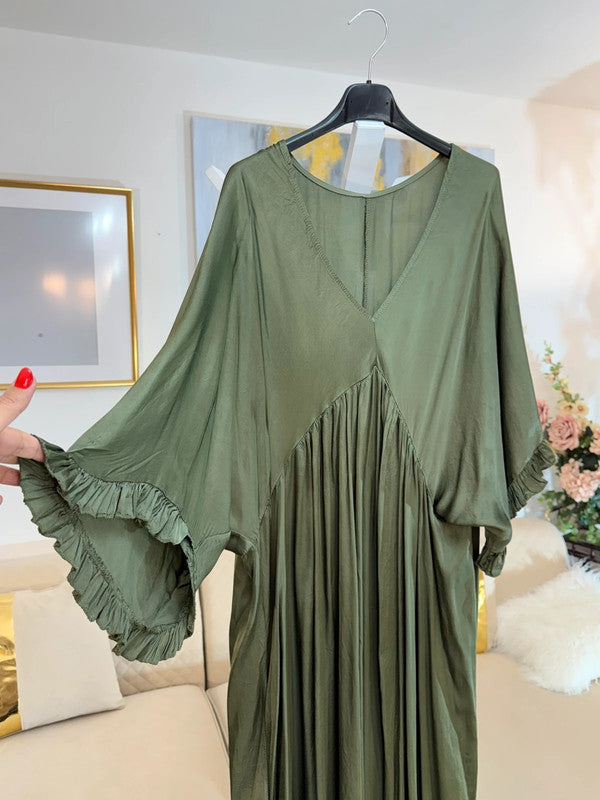 Vestito lungo oversize fluido verde oliva in viscosa Made in Italy