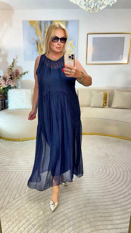 Vestito lungo in chiffon doppio strato Made in Italy
