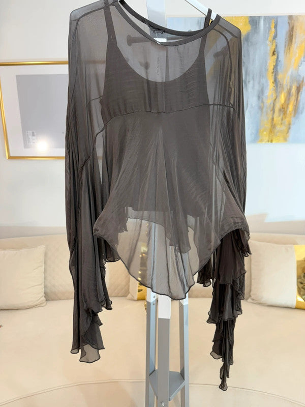 Blusa chiffon marrone seta oversize maniche scenografiche Made in Italy