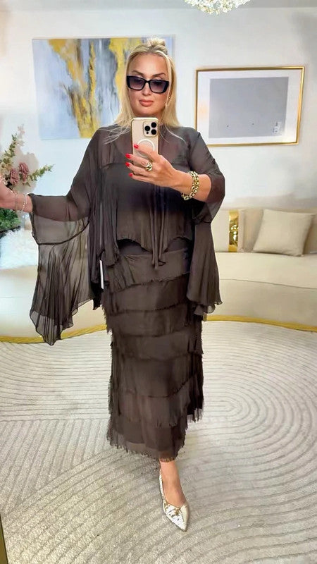 Blusa chiffon marrone seta oversize maniche scenografiche Made in Italy