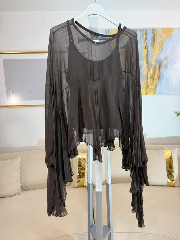 Blusa chiffon marrone seta oversize maniche scenografiche Made in Italy