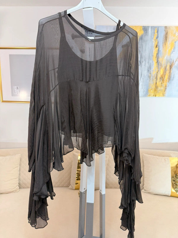 Blusa chiffon marrone seta oversize maniche scenografiche Made in Italy