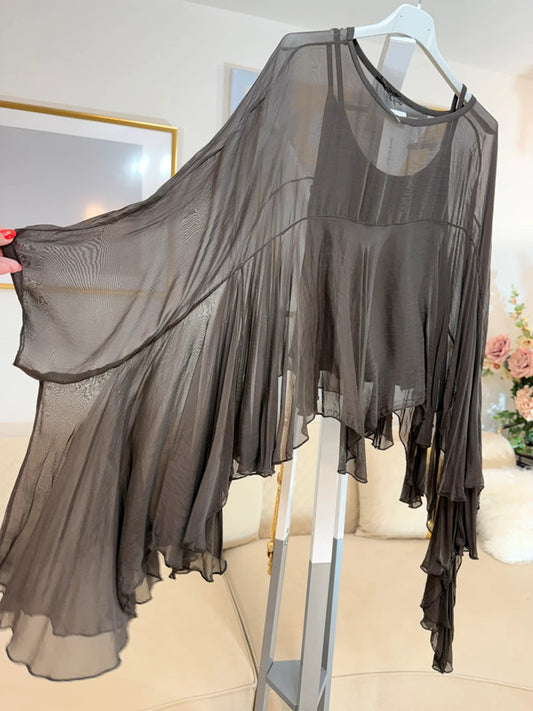 Blusa chiffon marrone seta oversize maniche scenografiche Made in Italy