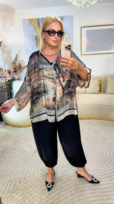 Blusa kimono artistica in tonalità fumo 🖤