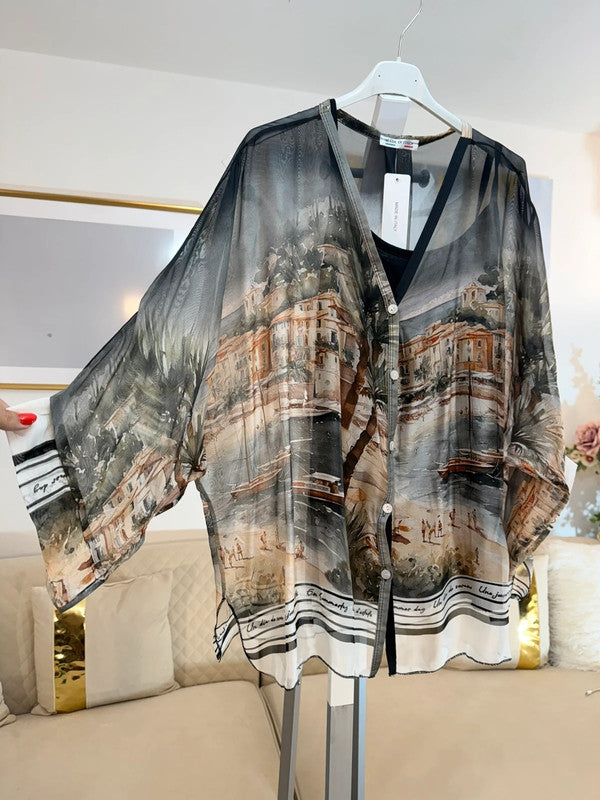 Blusa kimono artistica in tonalità fumo 🖤