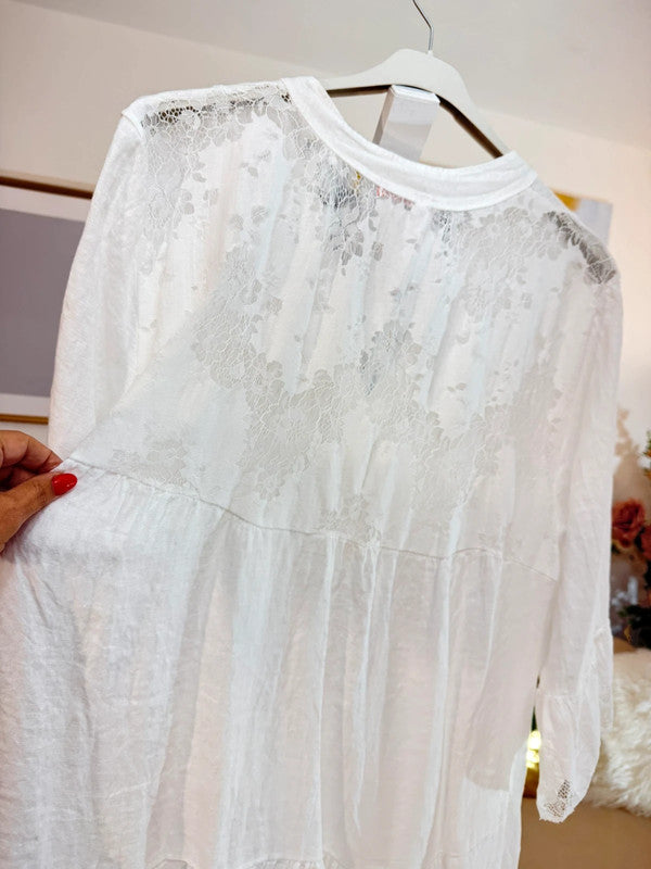 Vestito romantico in lino bianco con pizzo Made in Italy 🤍