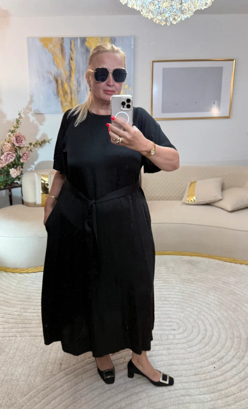 Vestito lungo viscosa nero con cintura