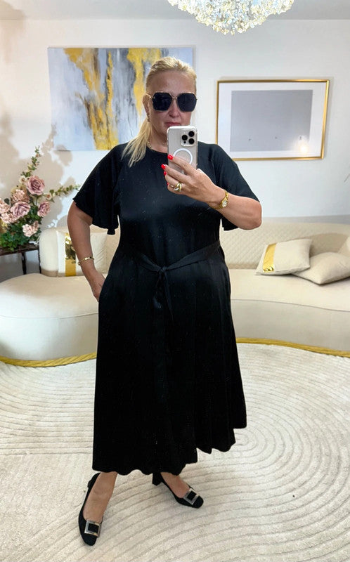 Vestito lungo viscosa nero con cintura