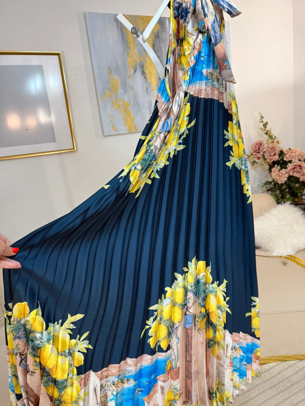 Vestito lungo plissé satin limoni blu Made in Italy