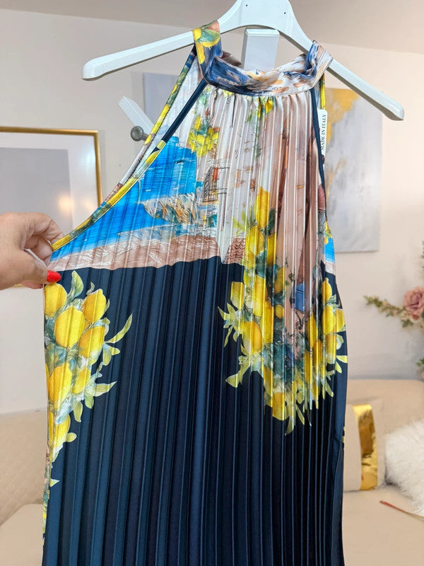 Vestito lungo plissé satin limoni blu Made in Italy