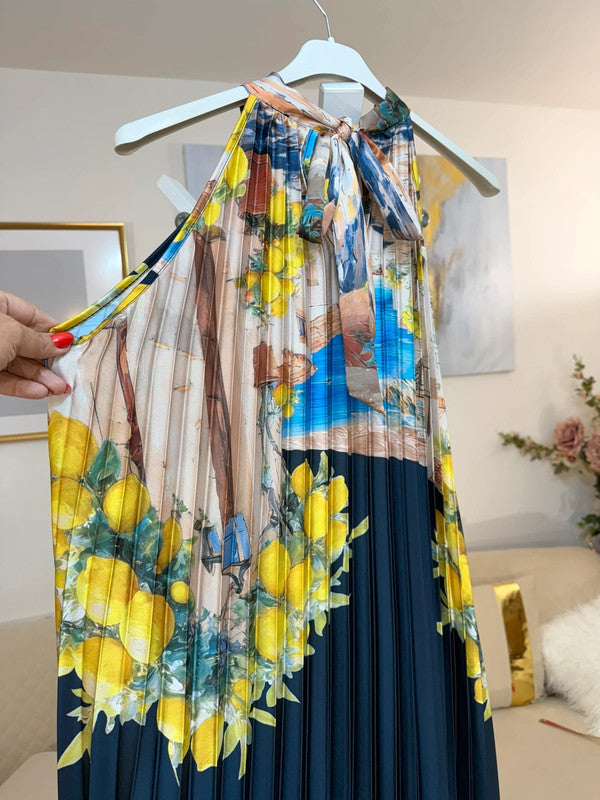Vestito lungo plissé satin limoni blu Made in Italy