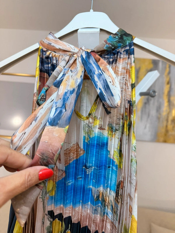 Vestito lungo plissé satin limoni blu Made in Italy