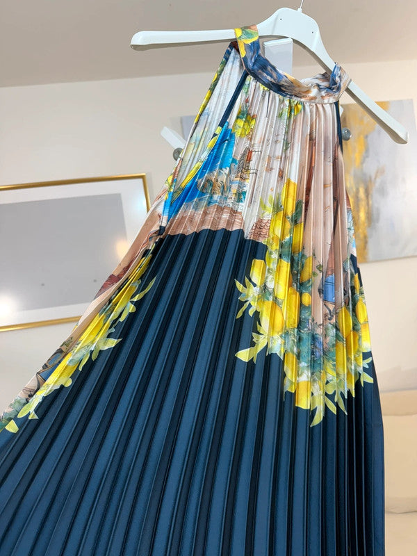 Vestito lungo plissé satin limoni blu Made in Italy