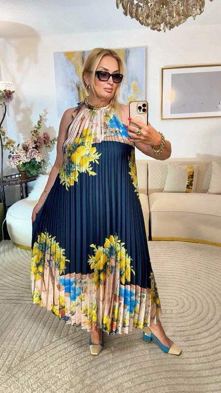 Vestito lungo plissé satin limoni blu Made in Italy