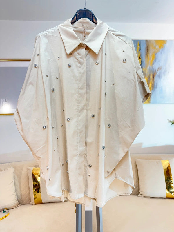 🤍 Camicia oversize beige con strass Made in Italy