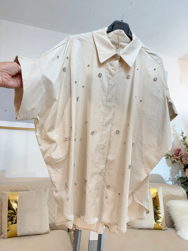 🤍 Camicia oversize beige con strass Made in Italy