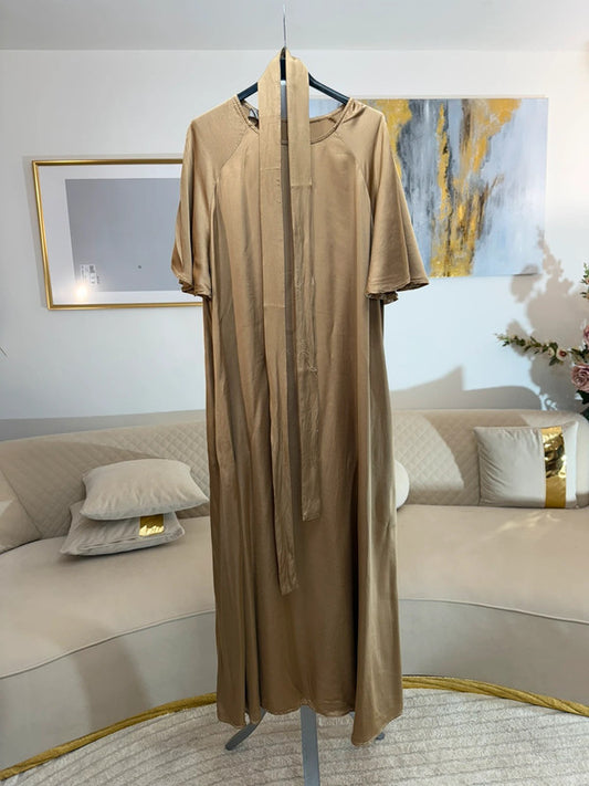 Vestito lungo viscosa beige sabbia con cintura