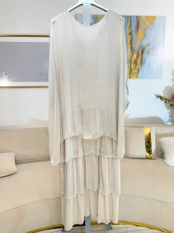 Abito lungo beige seta e chiffon Made in Italy 🤍