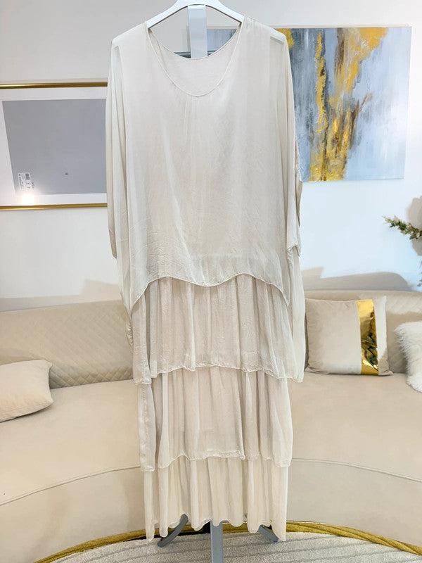 Abito lungo beige seta e chiffon Made in Italy 🤍