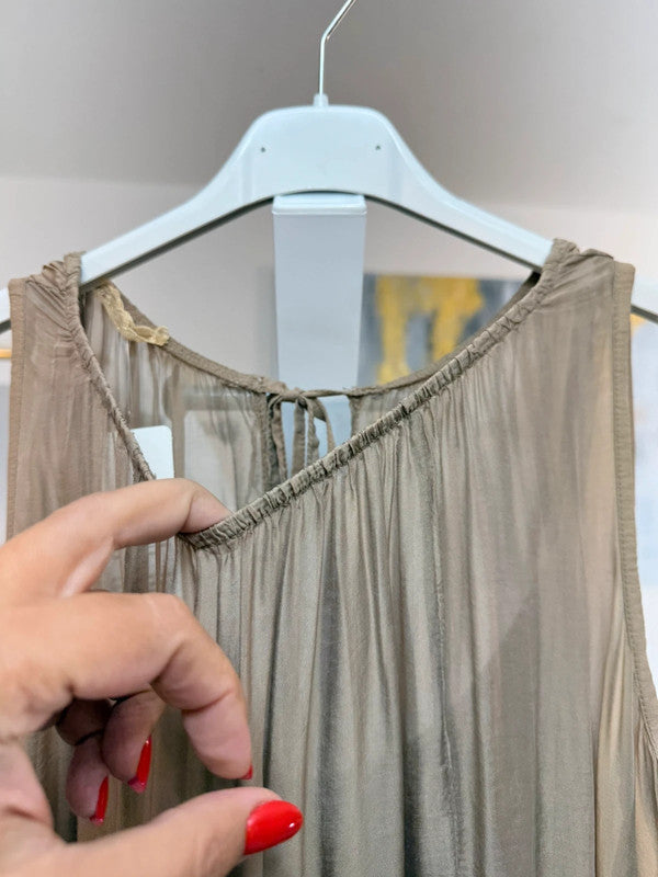 Vestito lungo fluido doppio strato tortora Made in Italy
