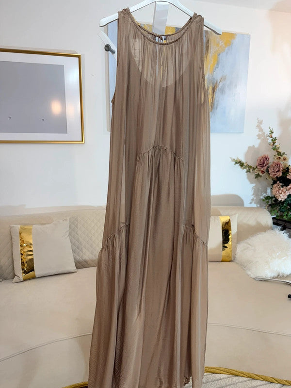 Vestito lungo fluido doppio strato tortora Made in Italy