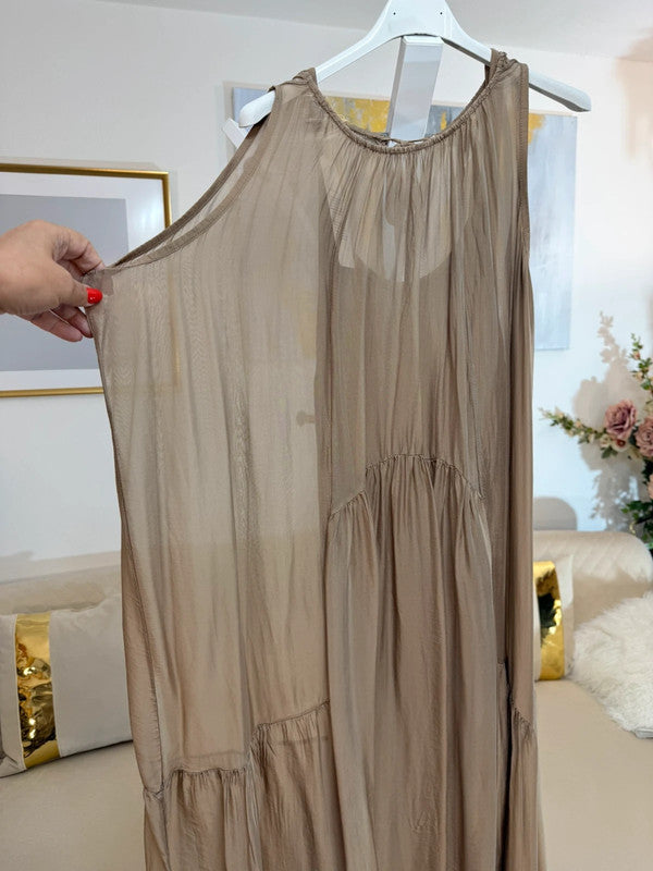 Vestito lungo fluido doppio strato tortora Made in Italy