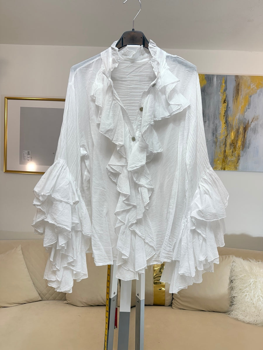 Camicia bianca oversize 100% cotone Made in Italy con volant